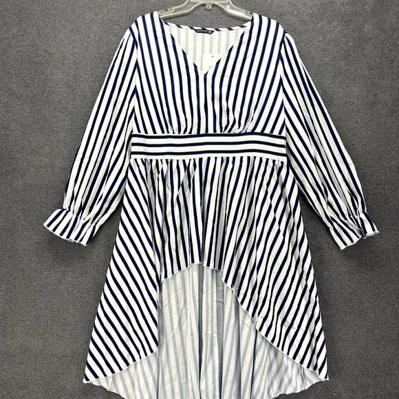 Bloomchic Dress Womens Plus 2X 18 20 Blue Stripes Long Sleeve V Neck Pockets - Picture 1 of 16